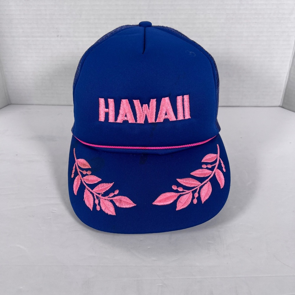 Vintage Hawaii Trucker Hat Blue Pink‎ Embroidered Floral Mesh Snapback